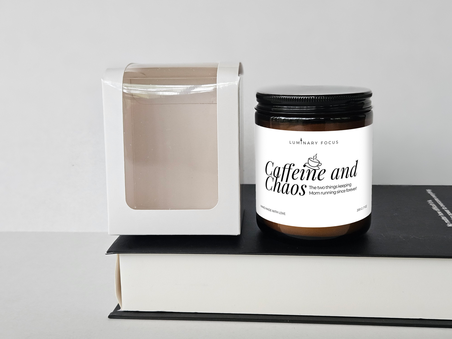 Caffeine and Chaos – 8oz Amber Glass Candle for Mom