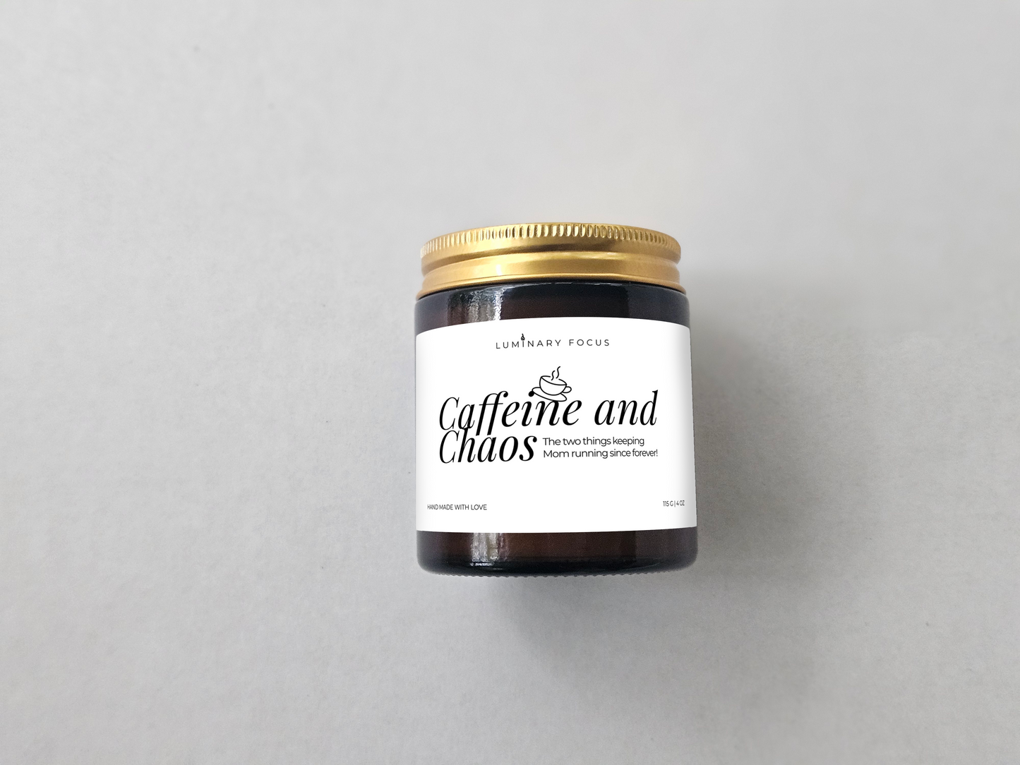 Caffeine and Chaos – 4oz Amber Glass Candle for Mom