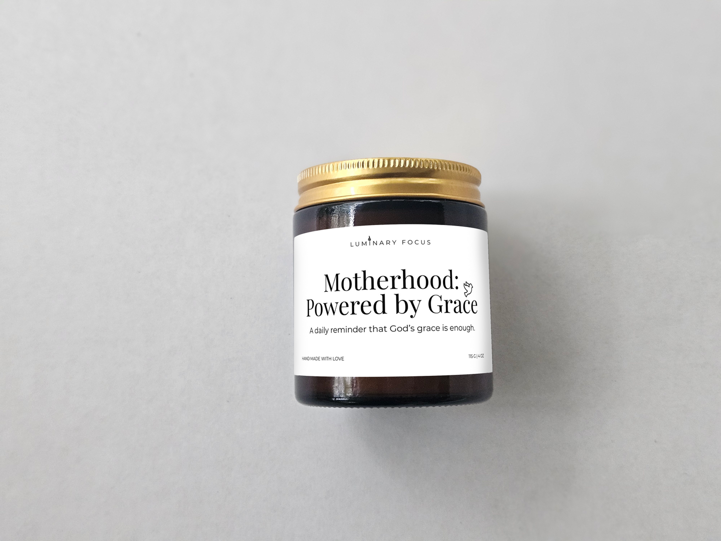 Motherhood:Powered by Grace β 4oz Amber Glass Candle for Mom