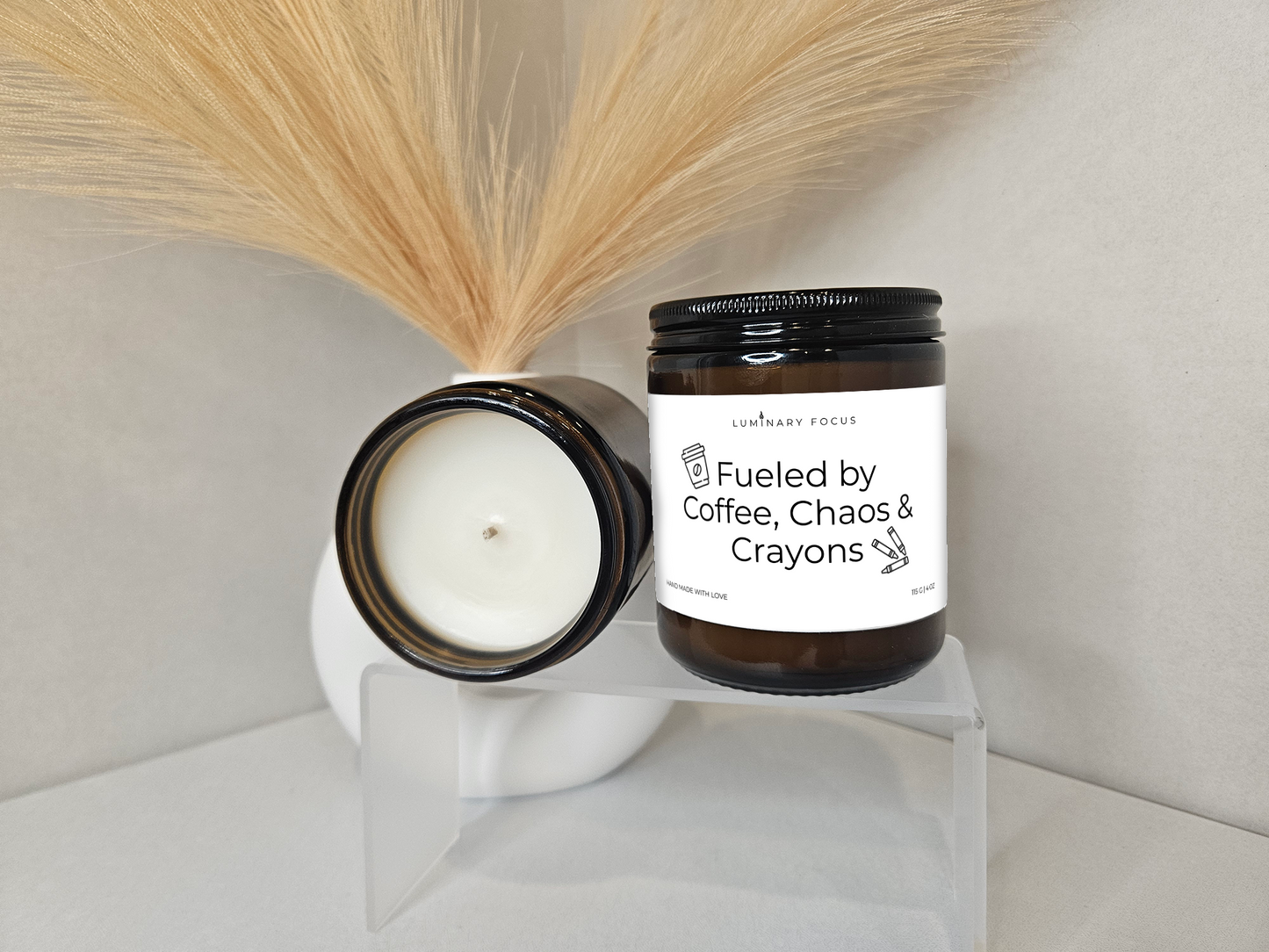 Fueled By Coffee, Chaos, & Crayons – 8oz/4oz Amber Glass Candle for Teachers