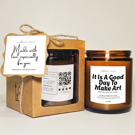 Creative Focus Candle - 8oz or 4oz Soy Jar Gift for Artists Brainstorming at their Desk Morning to Spark Creativity (Eucalyptus Scent)