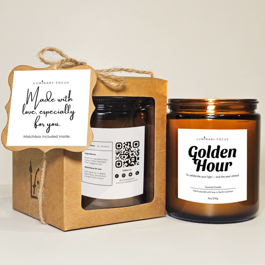 Golden Hour Birthday Celebration Soy Candle - Amber Jar 4oz & 8oz for loved ones